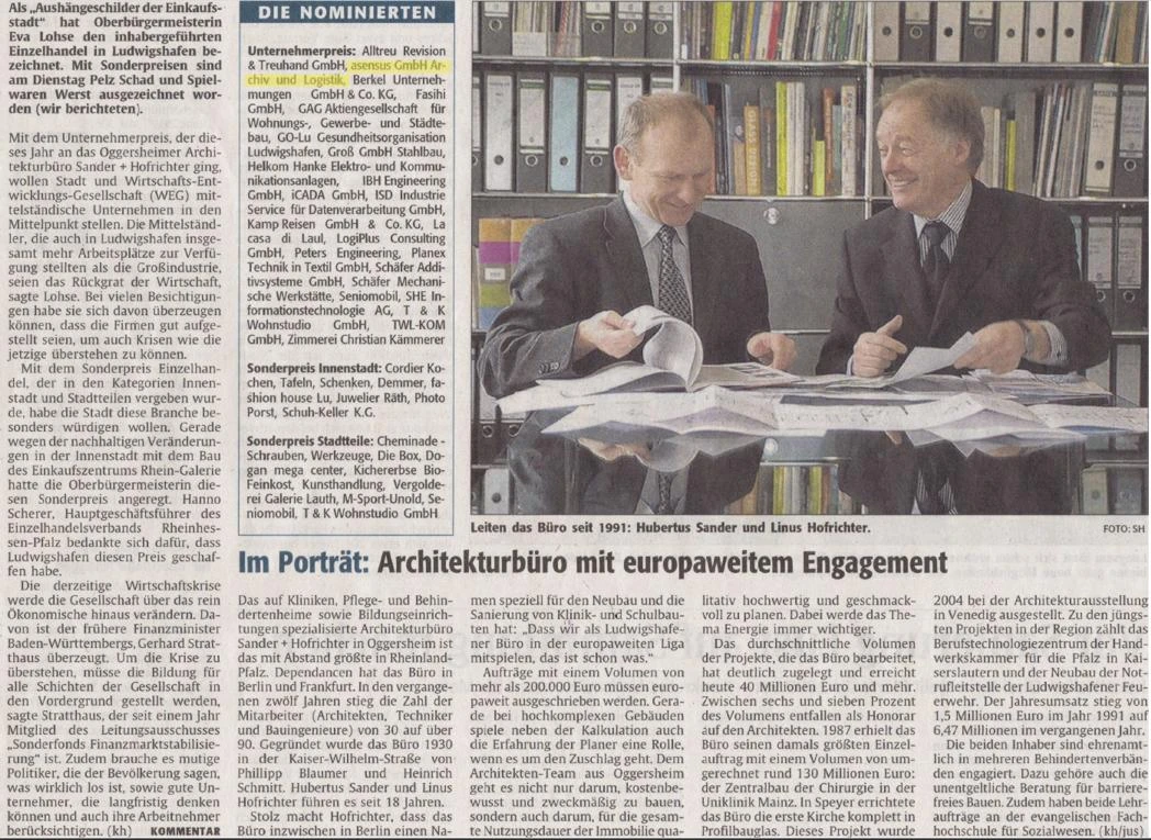 Zeitungsbericht der Rheinpfalz (April 2008) über die offizielle Nominierung der asensus GmbH Archiv und Logistik für den Ludwigshafener Unternehmerpreis.
