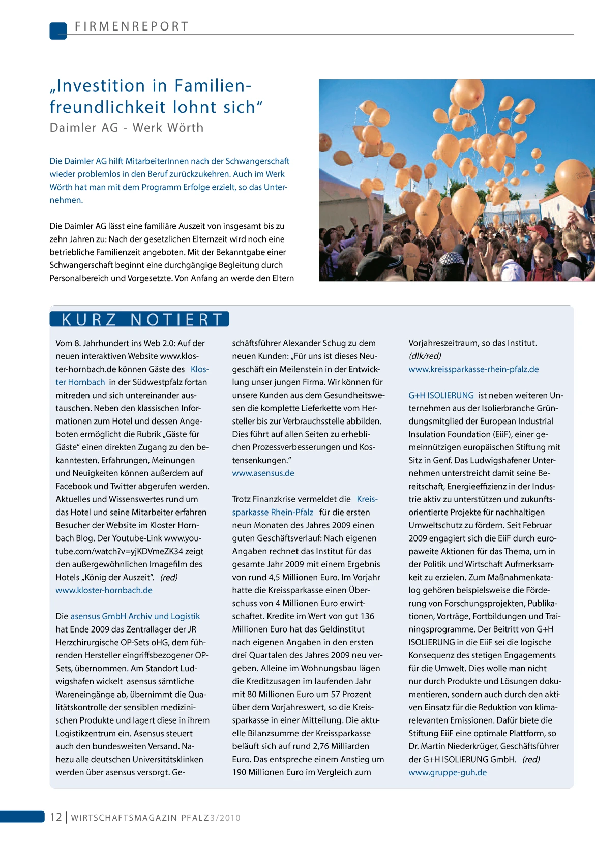 Pressemeldung im IHK-Wirtschaftsmagazin Pfalz über die Übernahme des Zentrallagers für Herzchirurgie-OP-Sets durch die asensus GmbH Ende 2009.