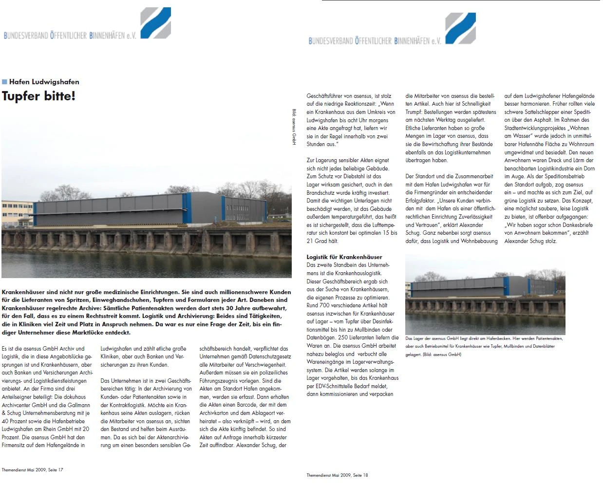 Presseausschnitt des BÖB-Themendienstes (Mai 2009) mit dem Titel „Tupfer bitte! Logistik für Krankenhäuser“ über das asensus-Logistikzentrum am Hafen Ludwigshafen.