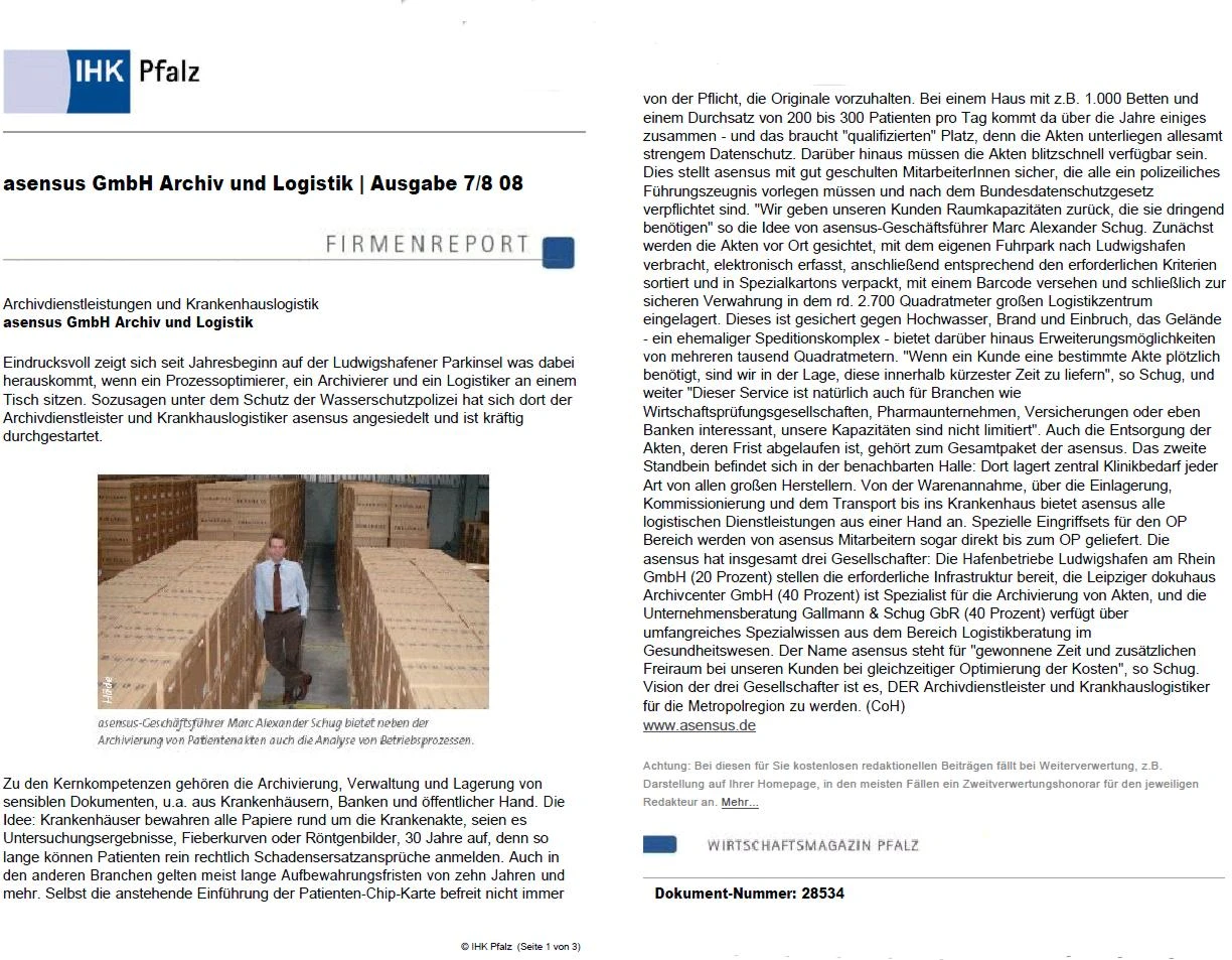 Firmenreportage im Wirtschaftsmagazin der IHK Pfalz (Ausgabe 7/8 2008) über Archivdienstleistungen und Krankenhauslogistik der asensus GmbH mit einem Foto von Marc Alexander Schug.