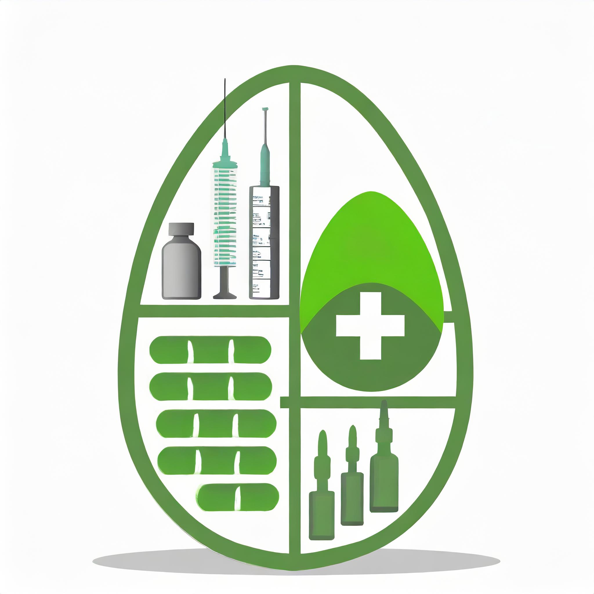 Illustration eines grünen Ostereis, gefüllt mit medizinischen Symbolen wie Spritzen, Medikamentenflaschen und Tabletten sowie dem asensus-Logo.