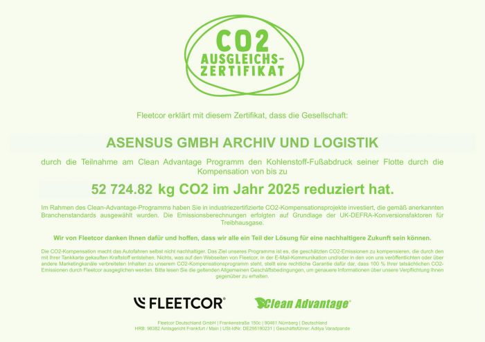 CO₂-Ausgleichszertifikat 2025 von Fleetcor für die Asensus GmbH Archiv und Logistik. Bestätigt wird die Kompensation von 52.724,82 kg CO₂ durch zertifizierte Klimaschutzprojekte im Rahmen des Clean Advantage Programms.
